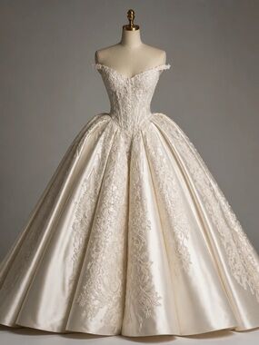 Off-Shoulder Lace Appliqué Ball Gown Wedding Dress - Ivory